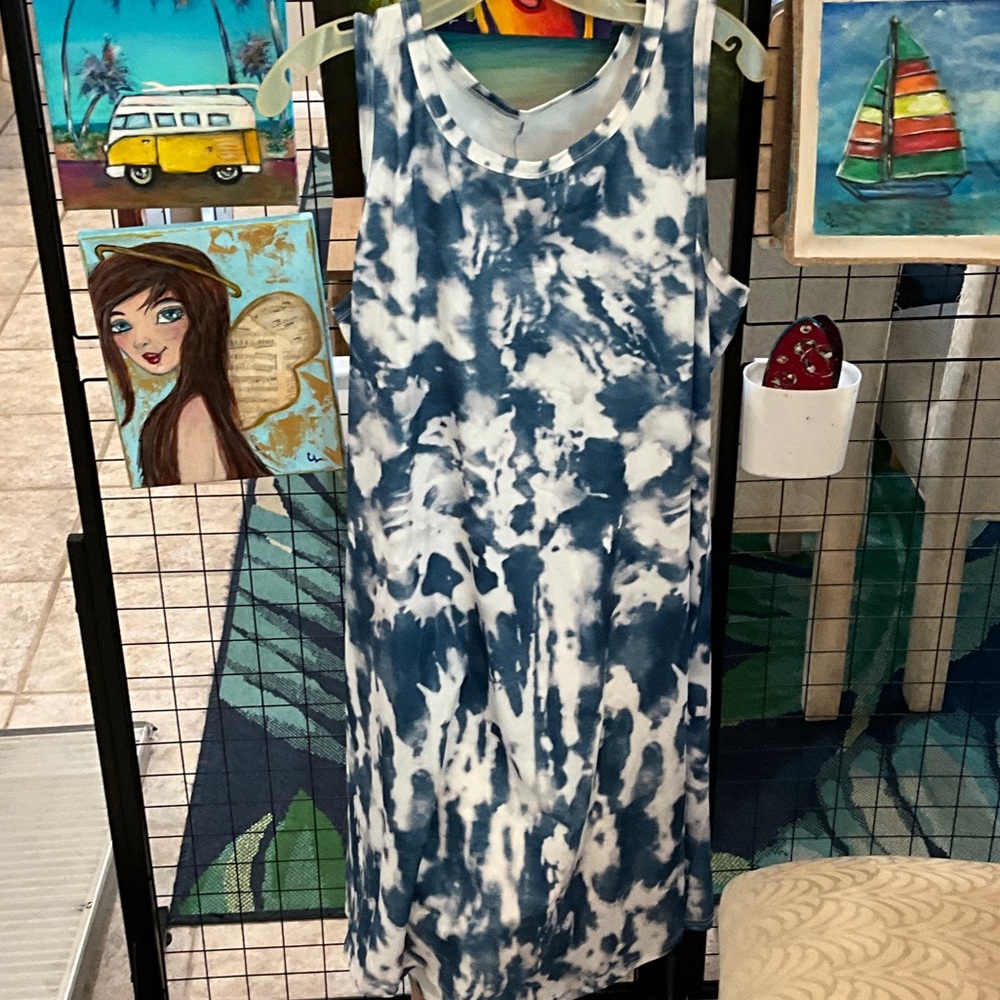 Blue and White Tie-Dye Sleeveless Dress